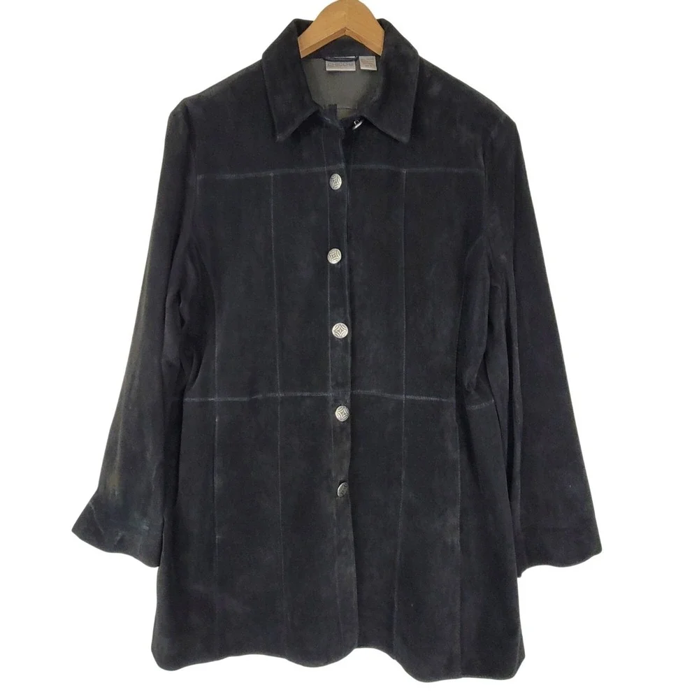 Chicos Vintage Black Suede Long Jacket Button Front Collared Size 3 / X-Large